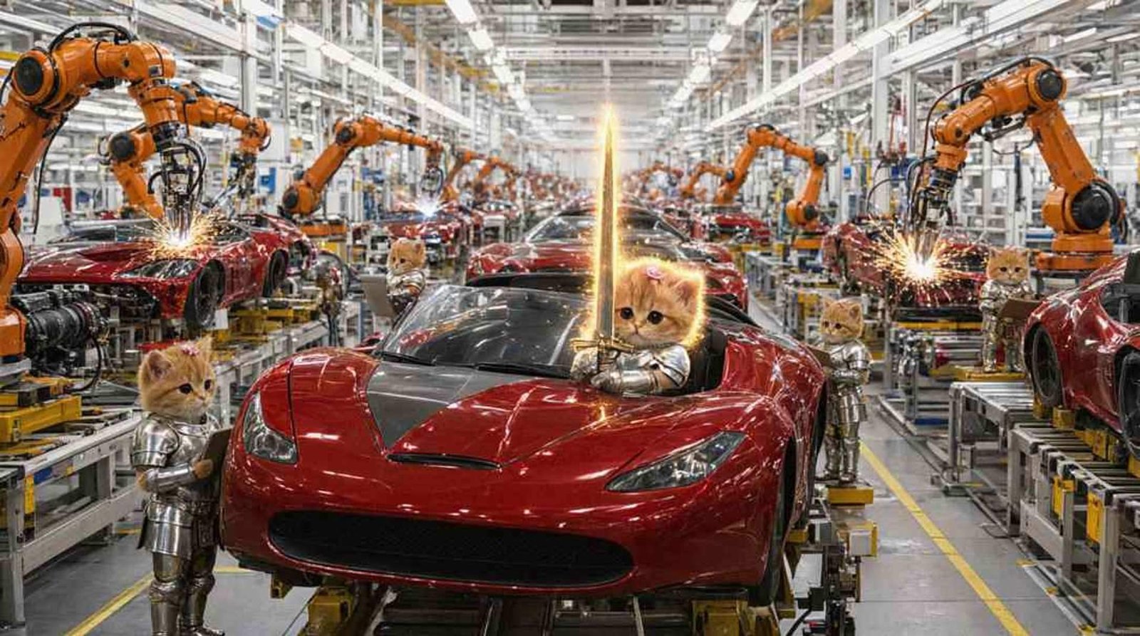 Factory line of red roadsters with tiny armored kitten workers