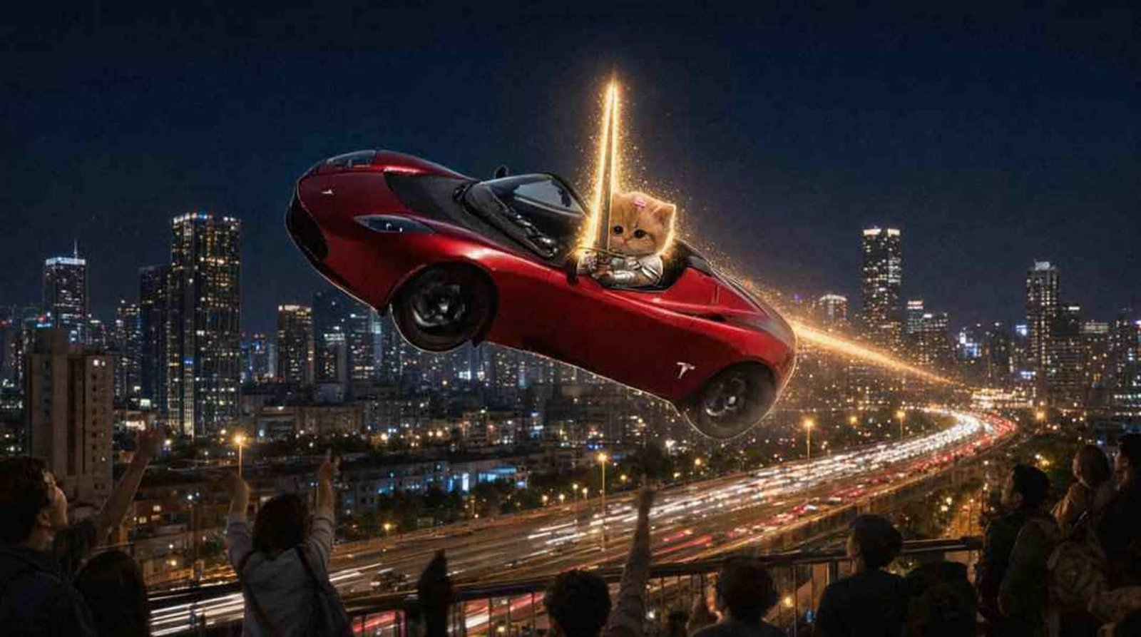 Roadster flying above a night highway with a trail of light