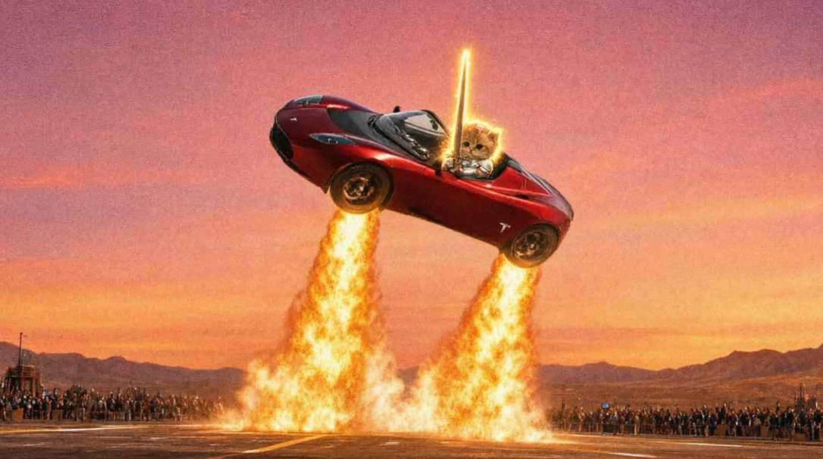 Roadster lifting off from a desert launch pad on a column of fire